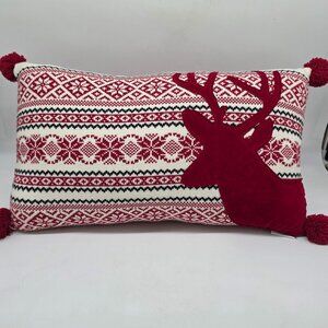 Knitted Nordic Reindeer Lumbar Throw Pillow Cover Pompom Tassels Storehouse